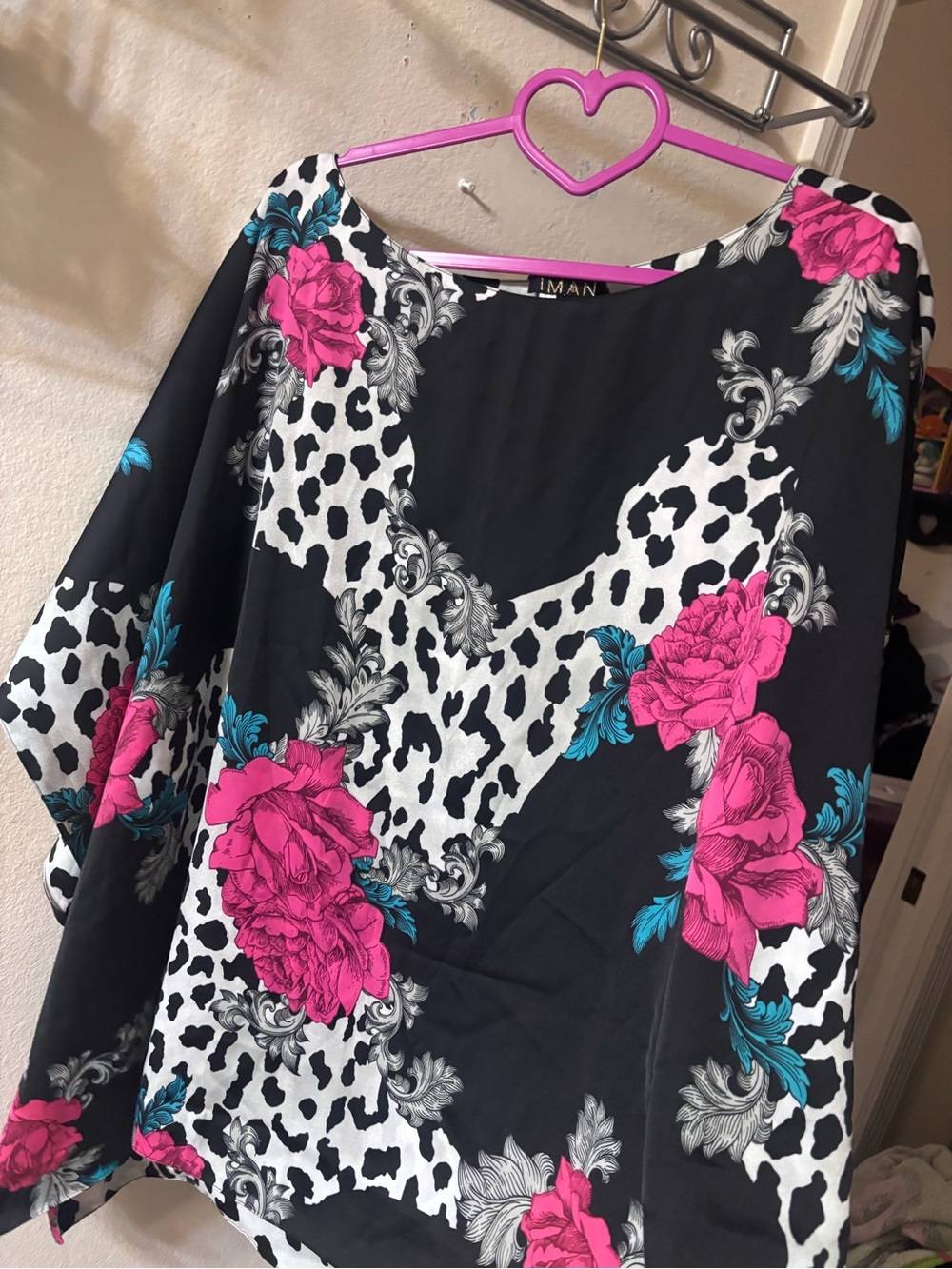 Y2K IMAN Black Tunic with Bright Pink Floral & Teal Accents
